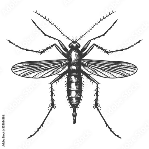 Etched Mosquito: Detailed Entomology Illustration of Aedes aegypti in Black and White.