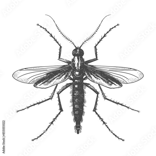 Detailed Mosquito Sketch: Engraving Style Pest Illustration on White.