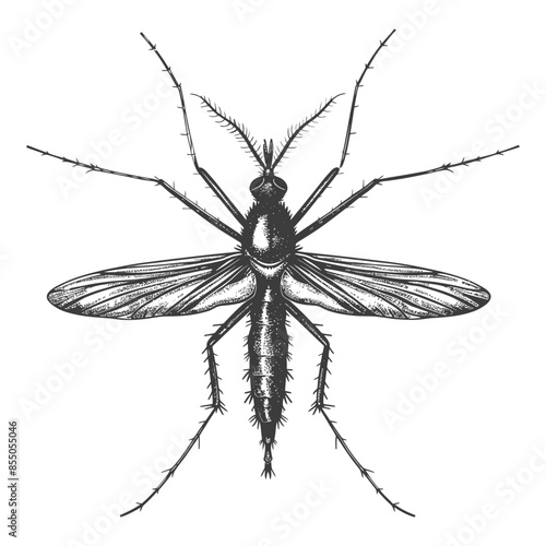 Vector sketch: Mosquito with detailed wings, legs, and antennae, isolated on white.