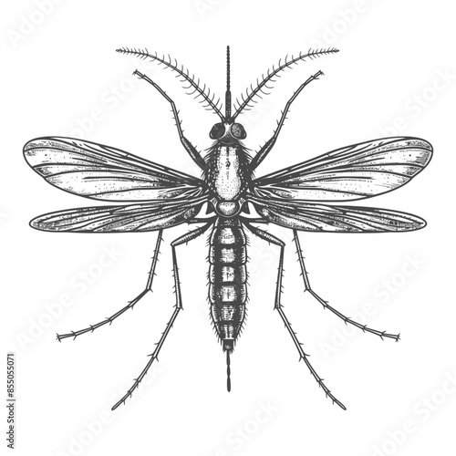Detailed mosquito engraving illustration on white.