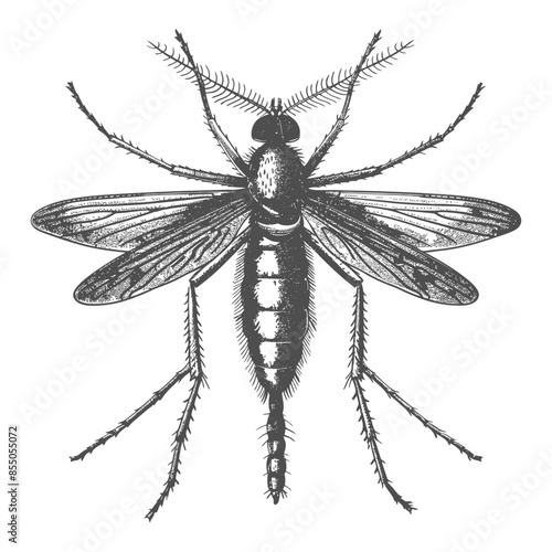 Engraved Mosquito: Detailed Anatomical Illustration on White Background