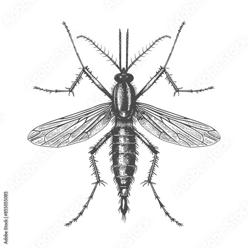 Etched mosquito illustration, detailed wings and segmented body, vintage style, isolated on white.