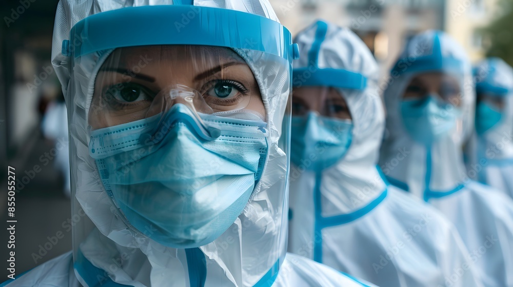 Four people in white and blue protective gear. They are wearing masks and gloves. They are all looking at the camera Four people in white and blue protective gear. They are wearing masks and gloves. They are all looking at the camera
