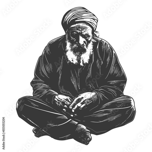Cross-legged Elder: Etched Portrait of a Bearded Man in Turban.