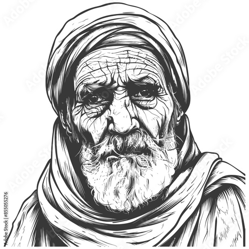 Etched Wisdom: Old Man with Turban, Detailed Line Art Portrait, Cultural Portrait