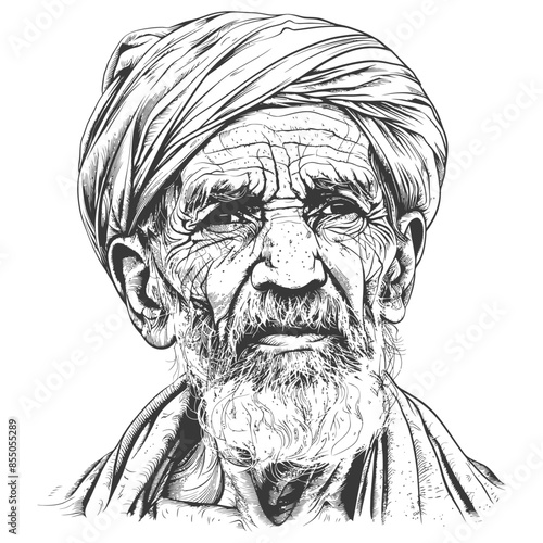 Detailed Ink Portrait: Elderly Man with Turban, Deep Wrinkles, and Wise Eyes