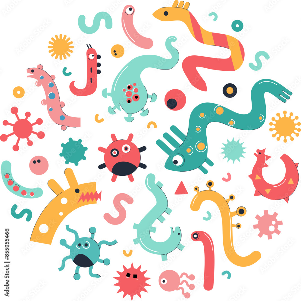 Fototapeta premium Vibrant cute Illustration Microbes, Virus, Germs Bacteria Microorganisms