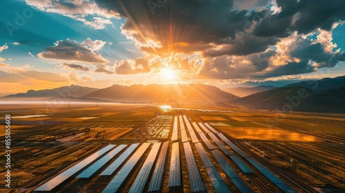 aerial view of vast solar panel farm at sunset renewable energy technology landscape drone photography