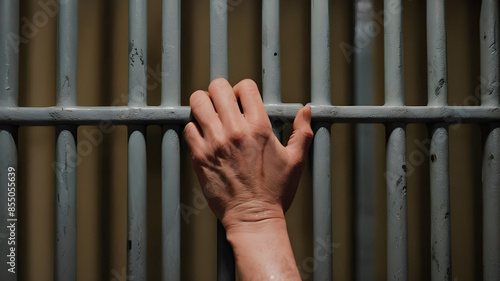 A close-up of a prisoner's hands gripping the bars of a cell door. The image highlights the theme of captivity and hopelessness