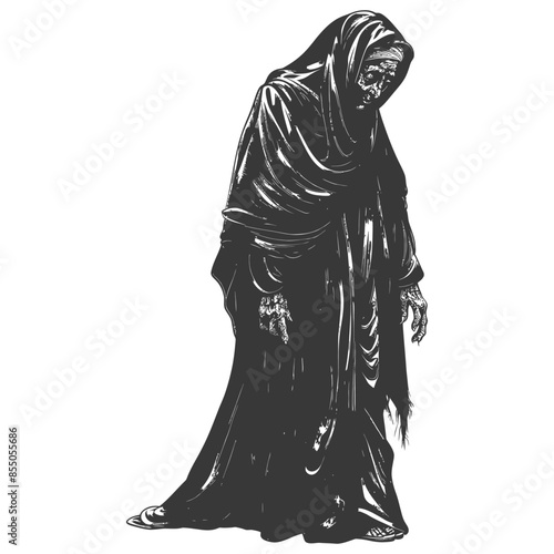 muslim elderly woman with engraving style black color only