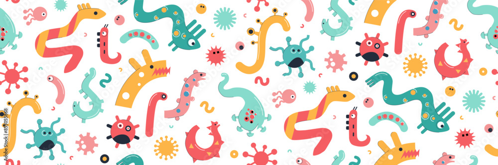 Playful Illustration of Microbes, Virus, Germs Bacteria Microorganisms Seamless Pattern Playful Illustration of Microbes, Virus, Germs Bacteria Microorganisms Seamless Pattern