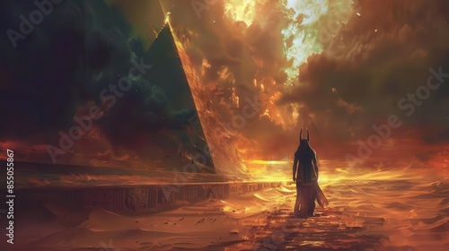 afterlife journey anubis guiding souls in surreal otherworldly realm digital painting photo