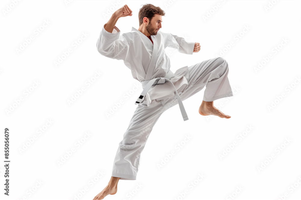 Professional karate training man posing to the camera in white background, Sports concept banner, karate man ready to fight wearing karate suit, Powerful strong Boxer in Action. Professional karate training man posing to the camera in white background, Sports concept banner, karate man ready to fight wearing karate suit, Powerful strong Boxer in Action.
