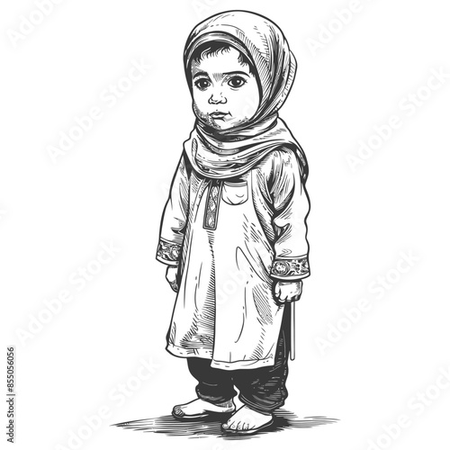 muslim little boy with engraving style black color only