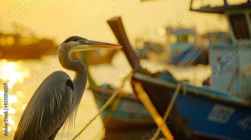 An elegant Great Blue Heron Ardea herodias graces the transom of a boat at Fulton Harbor on the Texas Gulf Coast against a picturesque backdrop of a bustling fishing fleet. photo