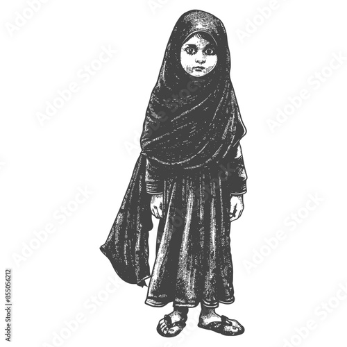 muslim little girl with engraving style black color only
