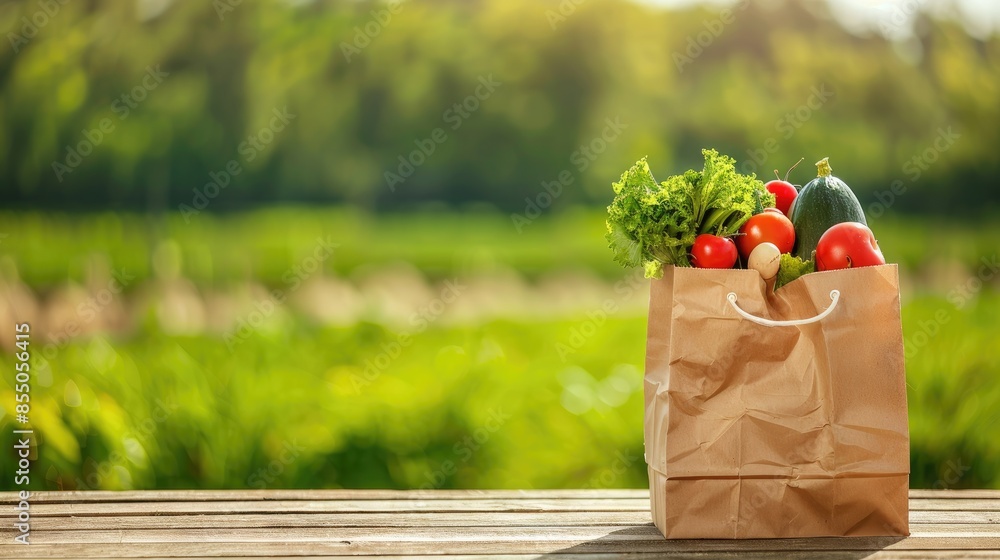 a grocery paper bag filled with fresh food on a wooden table, with a green field and blue sky in the background, providing space for text or product display. a grocery paper bag filled with fresh food on a wooden table, with a green field and blue sky in the background, providing space for text or product display.