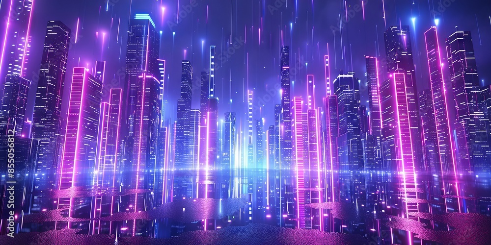 Obraz premium Futuristic Neon Skyline Under Electric Night Sky Fantasy Cityscape