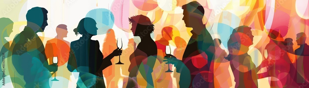 An abstract art piece featuring silhouettes of people dancing at a gala event, with swirling colors and shapes creating a sense of movement and energy An abstract art piece featuring silhouettes of people dancing at a gala event, with swirling colors and shapes creating a sense of movement and energy