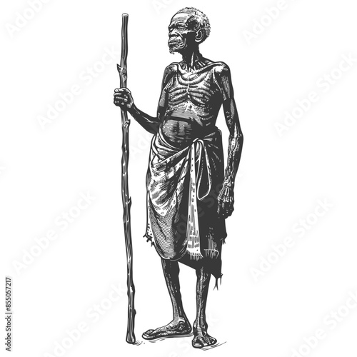 native African tribe elderly man with engraving style black color only