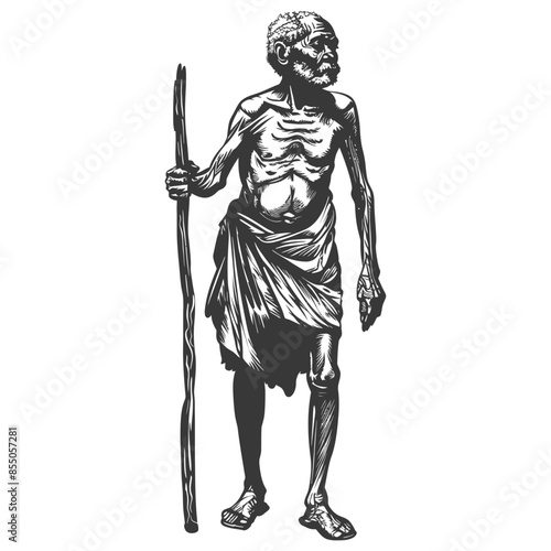 native African tribe elderly man with engraving style black color only