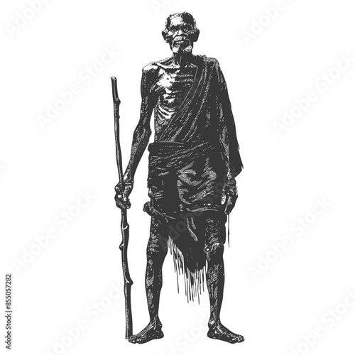 native African tribe elderly man with engraving style black color only