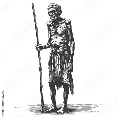 native African tribe elderly man with engraving style black color only