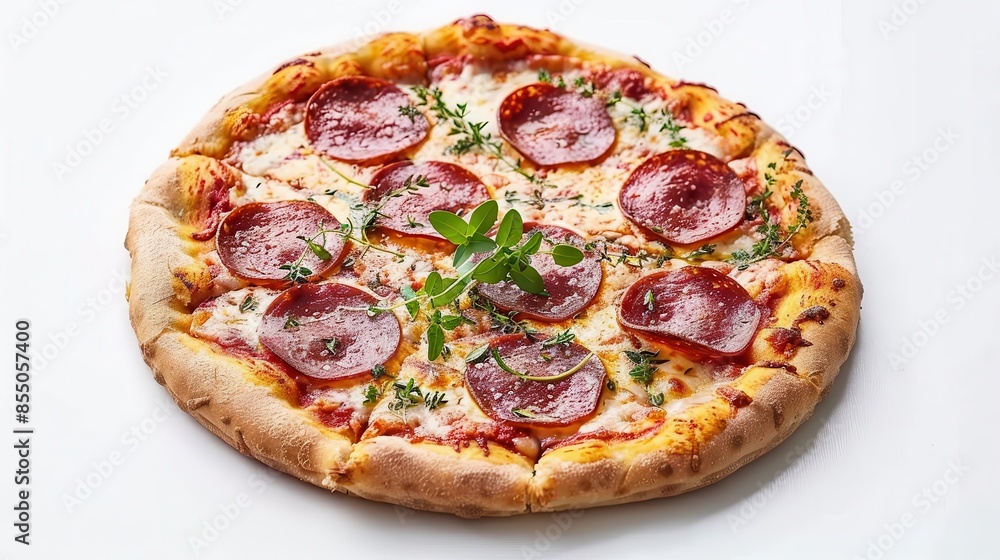 appetizing pepperoni pizza with melted cheese and herbs isolated food photo appetizing pepperoni pizza with melted cheese and herbs isolated food photo