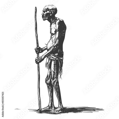 native African tribe elderly man with engraving style black color only