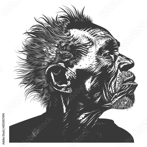 native African tribe elderly man with engraving style black color only
