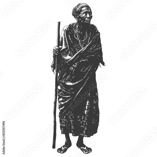 native African tribe elderly woman with engraving style black color only