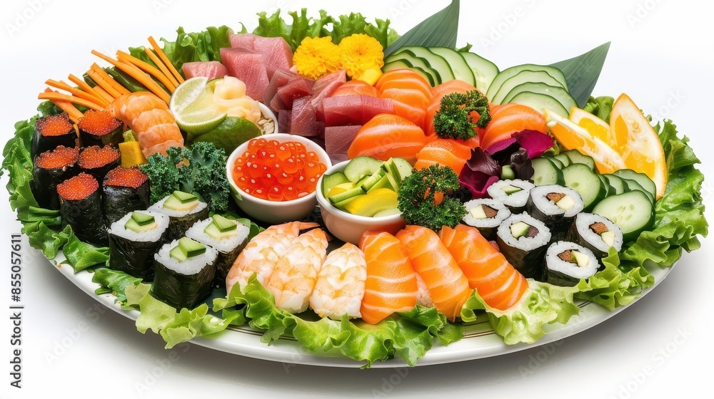 artisan japanese sushi platter with fresh ingredients on white background artisan japanese sushi platter with fresh ingredients on white background