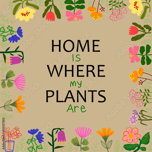  Beautiful flowers and plants  on pots, vases line art with text,lettering hand drawn vector illustration. floral and nature. Aesthetic wall art, prints, cards, cover, poster, decoration design.