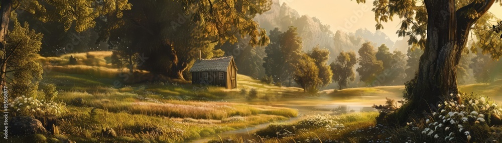 Artistic interpretation of a peaceful countryside with subtle musical motifs integrated into the natural landscape, creating a harmonious scene Artistic interpretation of a peaceful countryside with subtle musical motifs integrated into the natural landscape, creating a harmonious scene