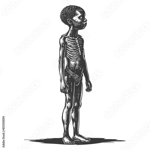 Emaciated Child: Etched Illustration of Malnutrition and Famine.