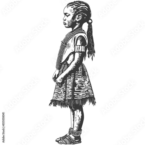 Pensive African Girl, Traditional Dress, Etched Illustration, Black and White.