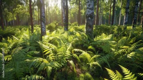Sunlit vibrant green ferns adorn the forest after the summer solstice, especially the dryopteris species photo