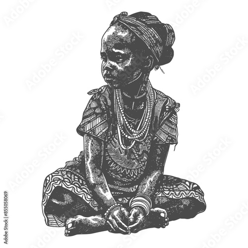 African Girl, Cross-Legged, Hand-Drawn Engraving Style.
