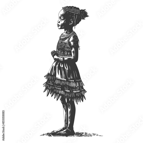 Pensive Child in Fringed Dress: Etched Portrait of a Young African Girl, Full Body Profile.