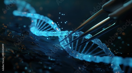 A tweezer is cutting a DNA helix, Gene editing, gene modification, high-tech modern medicne illustration photo