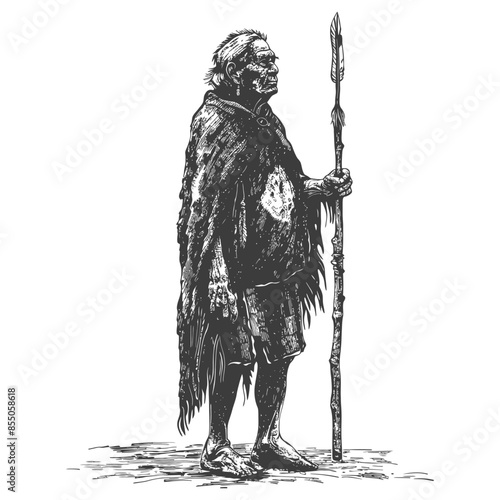 Tribal Elder: Textured Sketch of an Indigenous Man with Spear and Tattered Shawl.