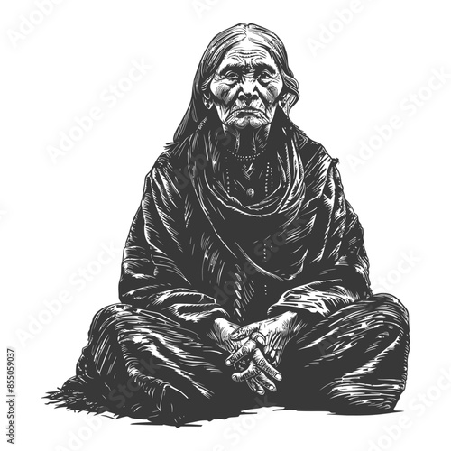 Etched Wisdom: Seated Elder, Cross-legged, Monochromatic Portrait.