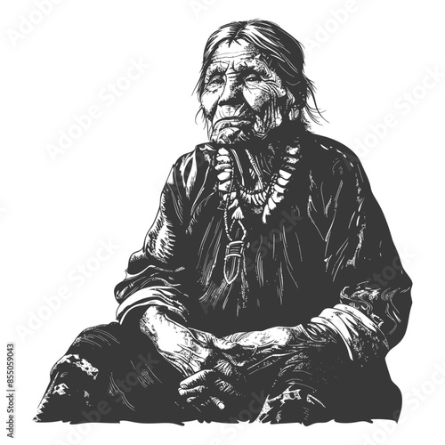Elderly Native American Woman, Detailed Line Art Illustration, Seated with Hands Clasped.