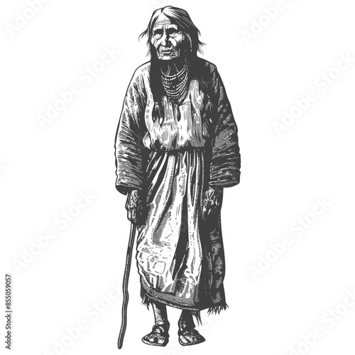 Etched Portrait: Elderly Native American Woman with Walking Stick, Vintage Style Illustration