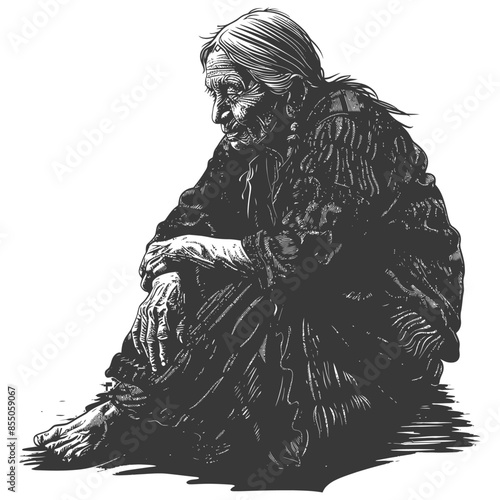 Worn Lines: Old Woman, Bent and Barefoot, in Dark Monochromatic Sketch.