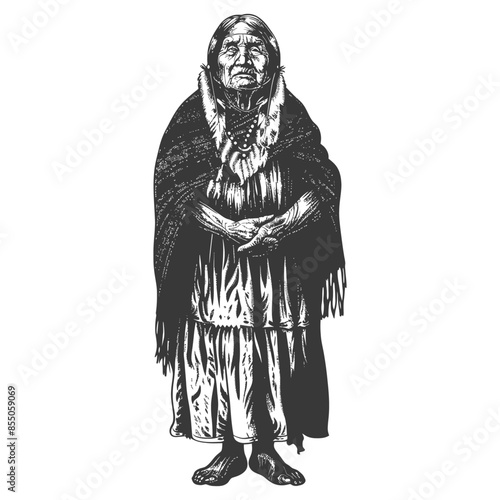 Engraved Native American Elder: Stoic Woman with Shawl and Hands Clasped, Vintage Illustration.