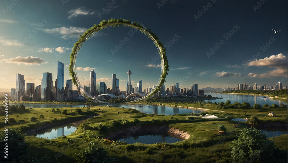 Obraz premium Life circle chain conceptual abstract collage, ecology pollution climate change, Generative AI recycle