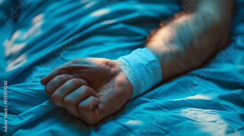 Bandaged Hand Resting on Blue Fabric in Soft Natural Light photo