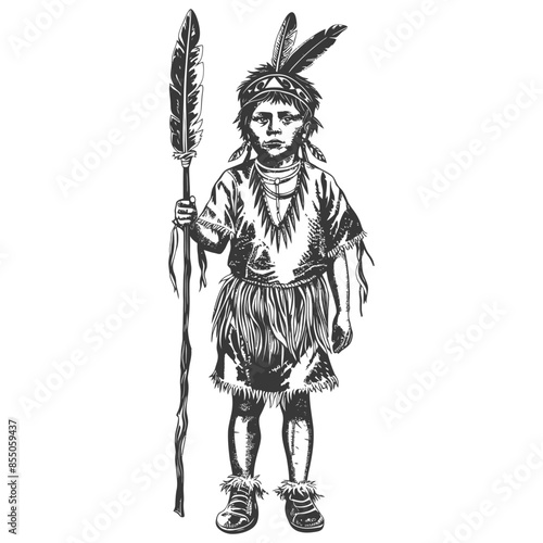 Engraved Portrait of Boy in Native American Costume with Feather Spear