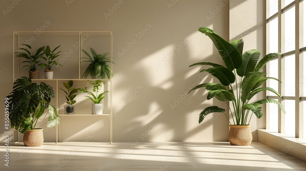 Fototapeta premium Potted indoor plants, an empty wall space, the interior of a bright room with a large window.